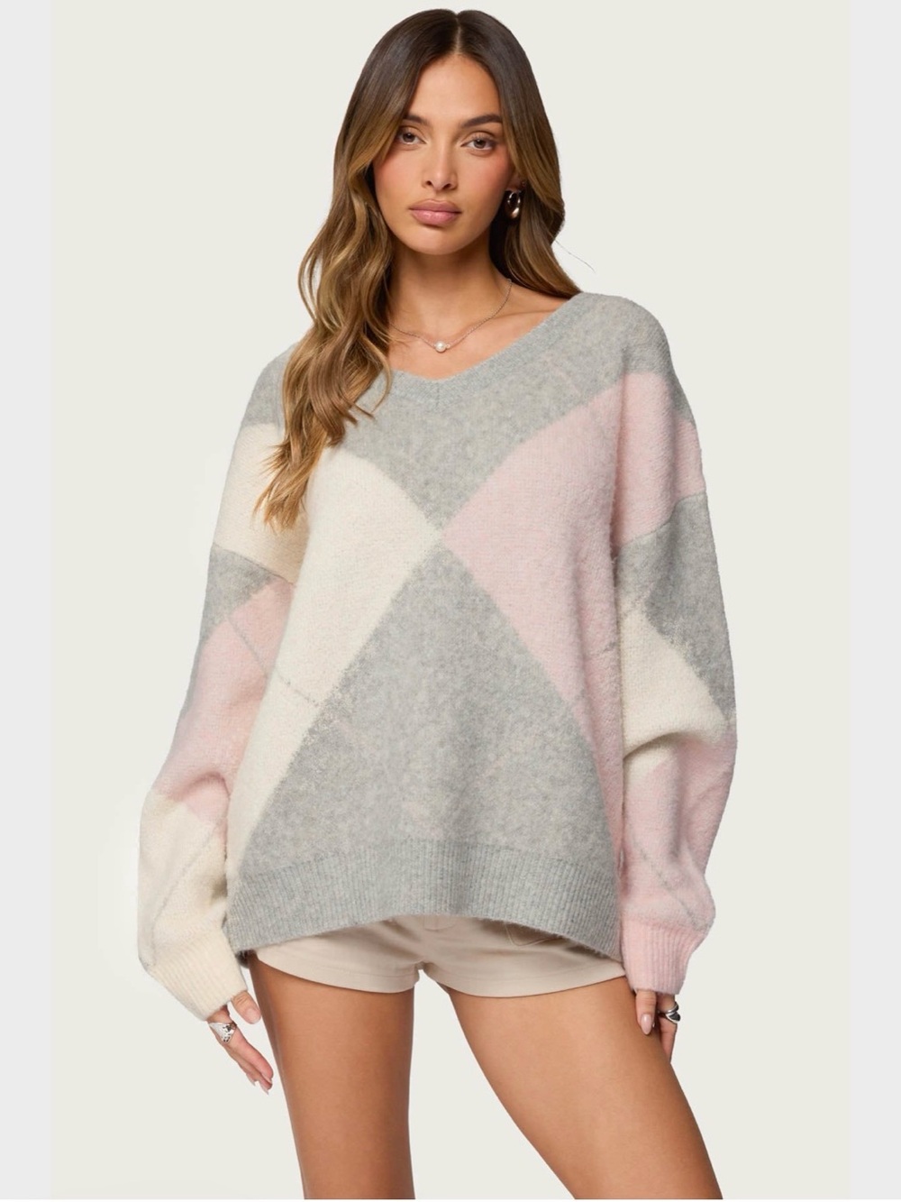💖 NWT Edikted Elda Oversized V-Neck Sweater - Pink, Gray & Cream